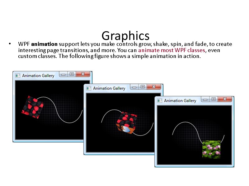 Graphics WPF animation support lets you make controls grow, shake, spin, and fade, to